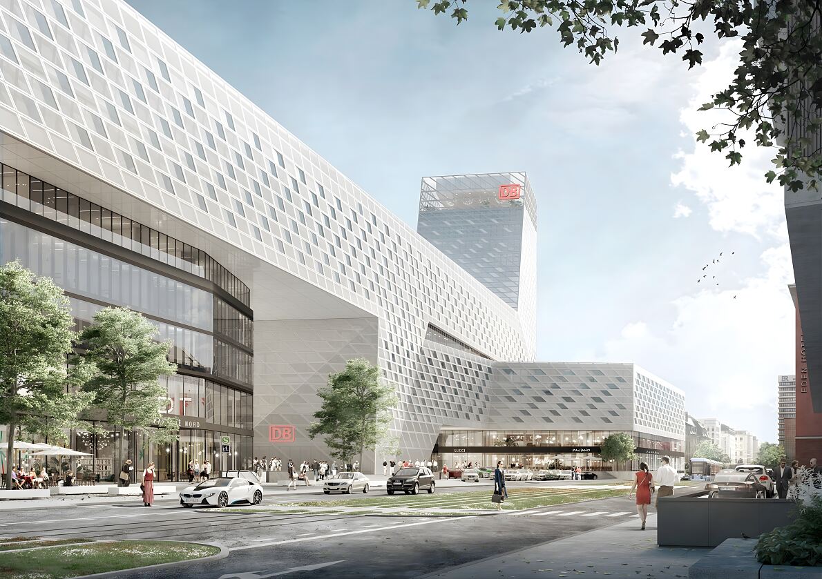  Südansicht des neuen Münchner Hauptbahnhofs – zentraler Mobilitätsknoten im Central Quartier.