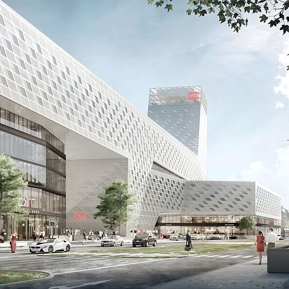  Südansicht des neuen Münchner Hauptbahnhofs – zentraler Mobilitätsknoten im Central Quartier.