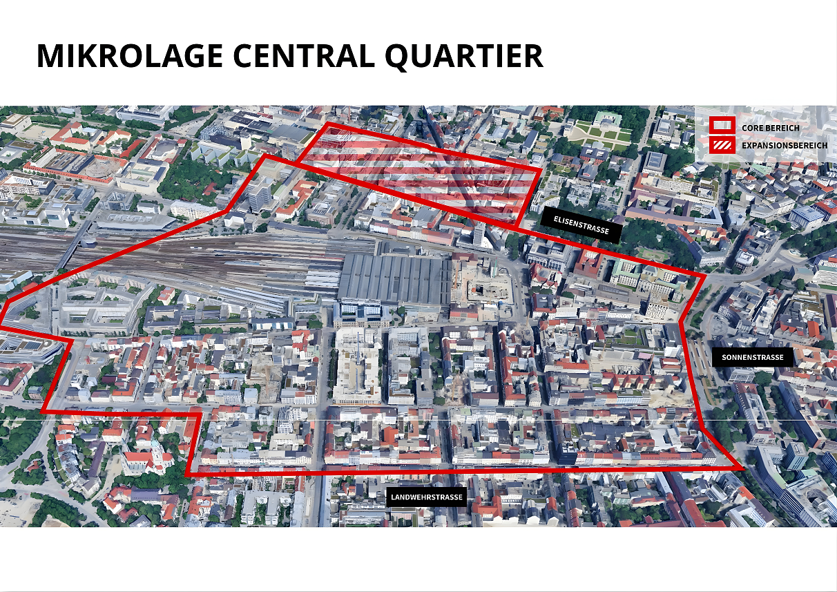 Das Central Quartier aus der Vogelperspektive: räumlicher Umgriff mit Core-Bereich und Expansionsfläche