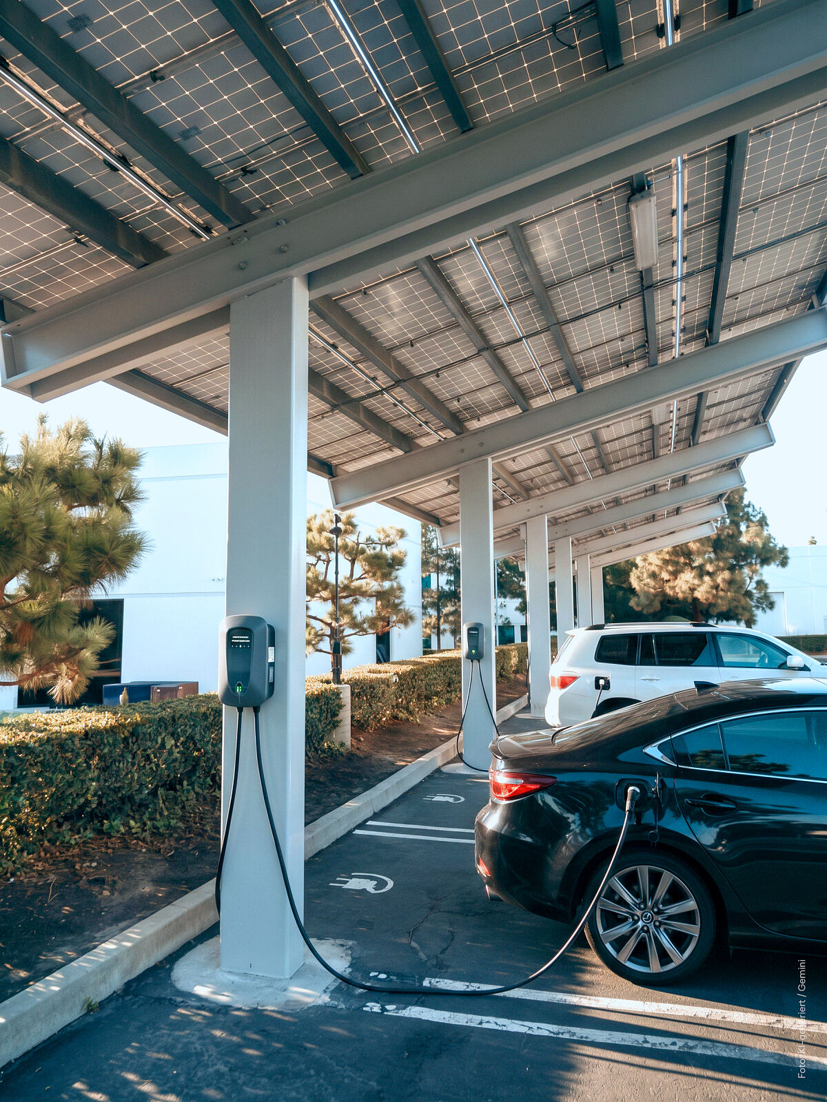Trend 7: Der Parkplatz wird zur Energiefläche. Solarcarport mit Ladepunkten: Dieselbe Fläche parkt, lädt und erzeugt Strom. Symbolbild, KI-generiert.