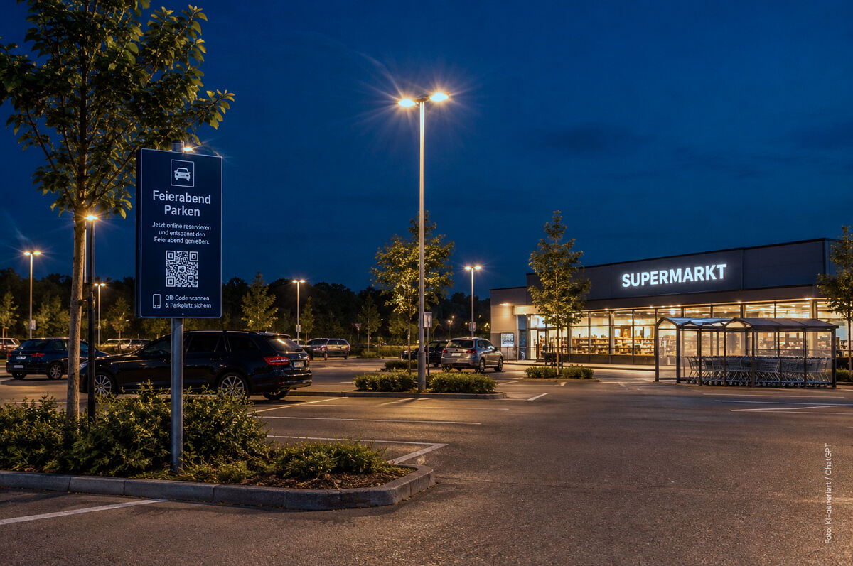 Trend 3: Mehrfachnutzung wird zum Geschäftsmodell. Nach Ladenschluss stehen freie Stellplätze auf dem Supermarktparkplatz Anwohnern zur Verfügung, buchbar per QR-Code. Symbolbild, KI-generiert.