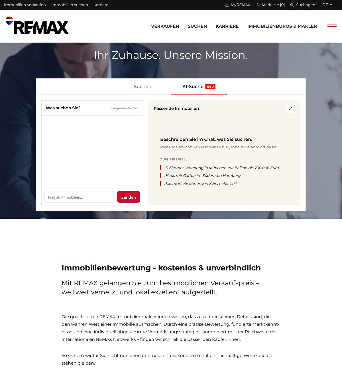 Immobiliensuchende können ihre Wünsche auf der Webseite von Remax Deutschland (www.remax.de) ab sofort in natürlicher Sprache formulieren. 