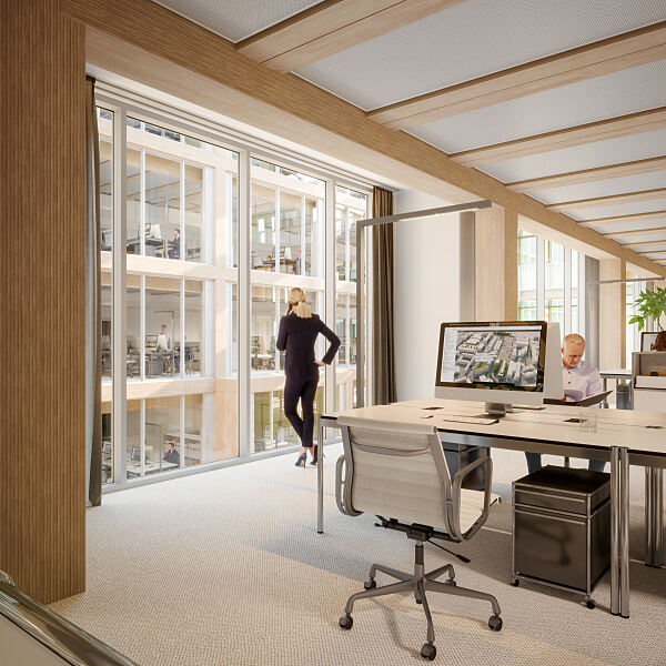 Zu den nachgewiesenen Effekten von Holz gehört die Stressreduktion. Somit arbeitet es sich gesünder im i8.