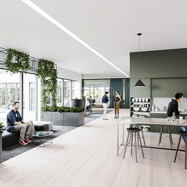 Die offene und helle Architektur verwandelt die Teeküche in einen Raum der Begegnung.