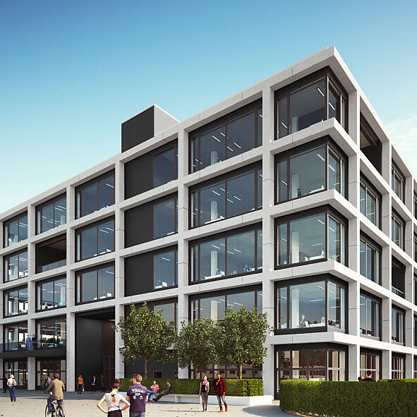 Verbunden durch den iTrack bieten die Gebäude i5 bis i7 auf dem iCampus im Werksviertel Platz für die Mitarbeiter der Serviceplan Group und auch Externe.