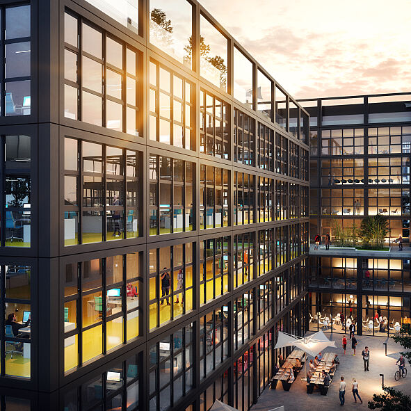 Mehr als nur Büro: Das i2 auf dem iCampus im Werksviertel bietet neben offenen, hellen Räumen auch im Außenbereich viel Aufenthaltsqualität.