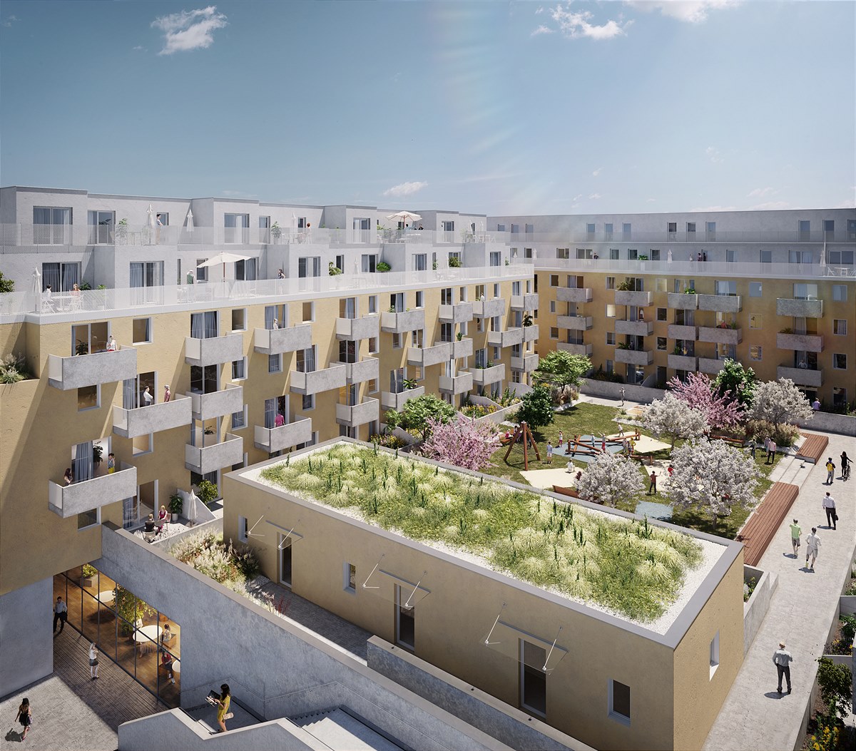Perfekt angebunden an den grünen Naherholungsgürtel der Stadt bietet Lavater 2 mit einer großzügigen Gartenanlage inklusive Spielplatz auch eine grüne Öffnung ins Innere
