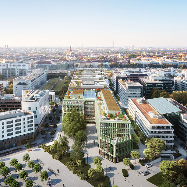 Mit seiner markanten Form- und Farbgebung eröffnet das i8 auf dem iCampus im Werksviertel das neue Work-Life-Quartier von der Rückseite.