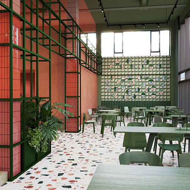 Mediterrane Terrazzoböden, exotische Asialampen und kosmopolitisches Raumgefühl durch sieben Meter hohe Decken: Das Interior Design des HEADS-Restaurant kombiniert die Stile wie in einer modernen Fusion-Kitchen.