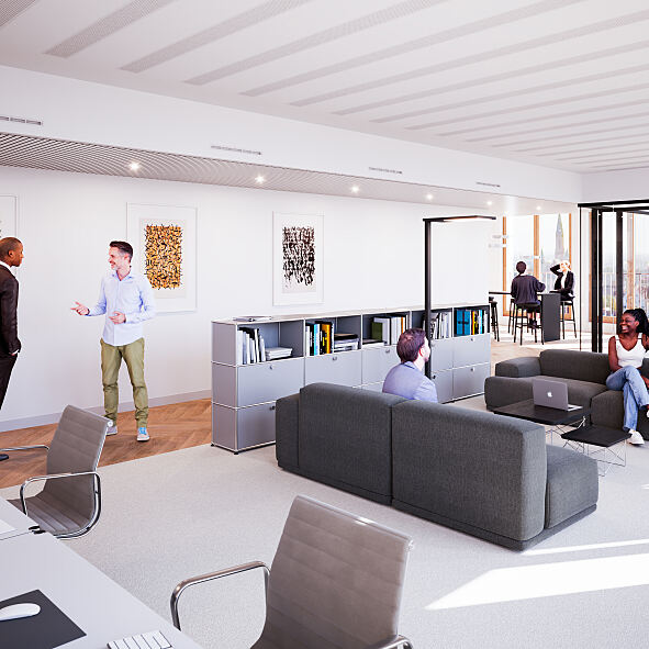 Helle Räume mit viel Tageslicht und Socialising-Areas bringen Aufenthaltsqualität und Wohnzimmer-Atmosphäre ins Büro.