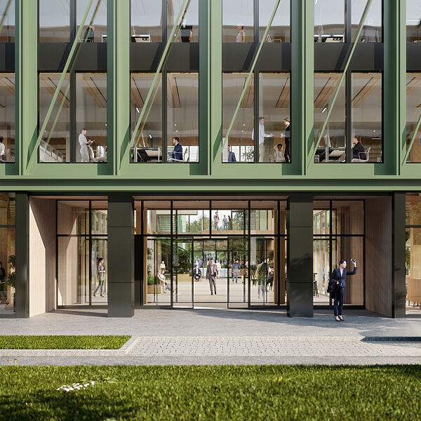 Die Fassade des i8 auf dem iCampus im Werksviertel besteht zu 50 Prozent aus recyceltem End-of-Life-Aluminium. Die diagonalen Streben erinnern zudem an das Gleisbett des nahegelegenen Ostbahnhofs.