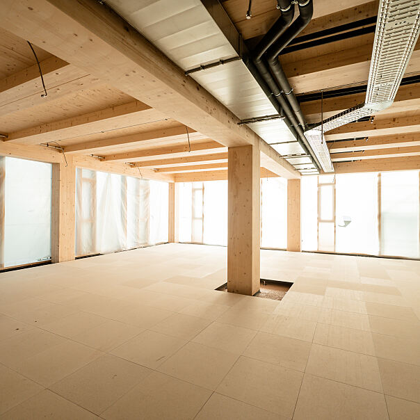 Transparente Fassaden, sichtbare Holzdecken – offene Raumwirkung im künftigen Mietbereich.