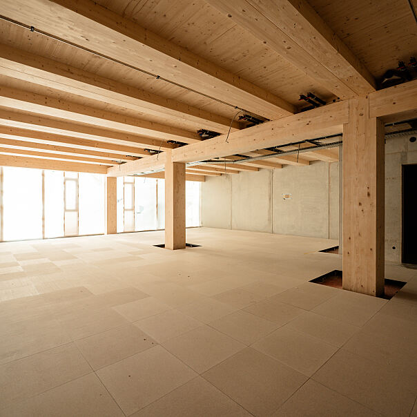 Detaillierter Blick in die Deckenstruktur aus Holz – zentrales Element des Holz-Hybrid-Bausystems.