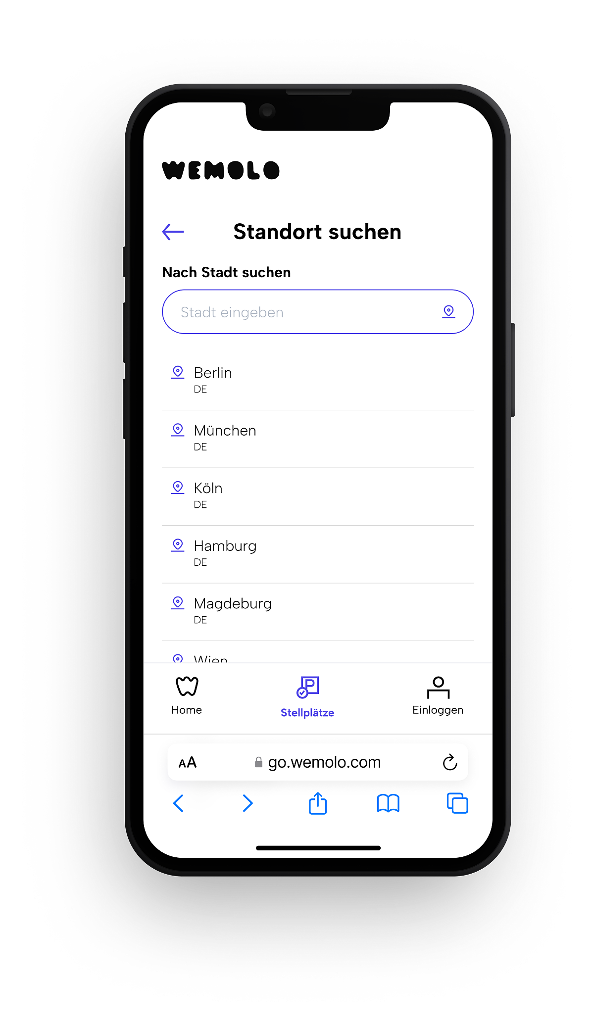 Standortsuche in der Wemolo-App: Parkflächen in deutschen und europäischen Städten.