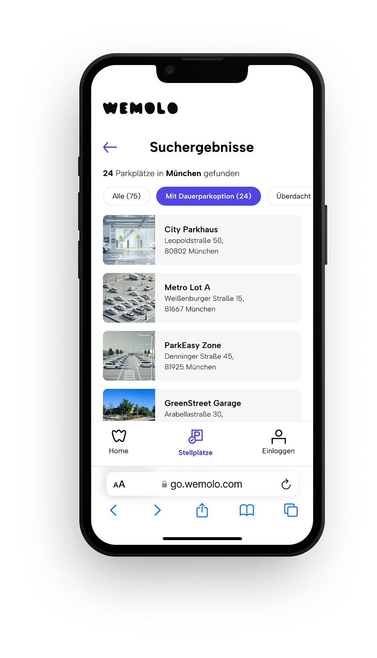 Suchergebnis in der Wemolo-App: verfügbare Parkplätze in München mit Dauerparkoption.