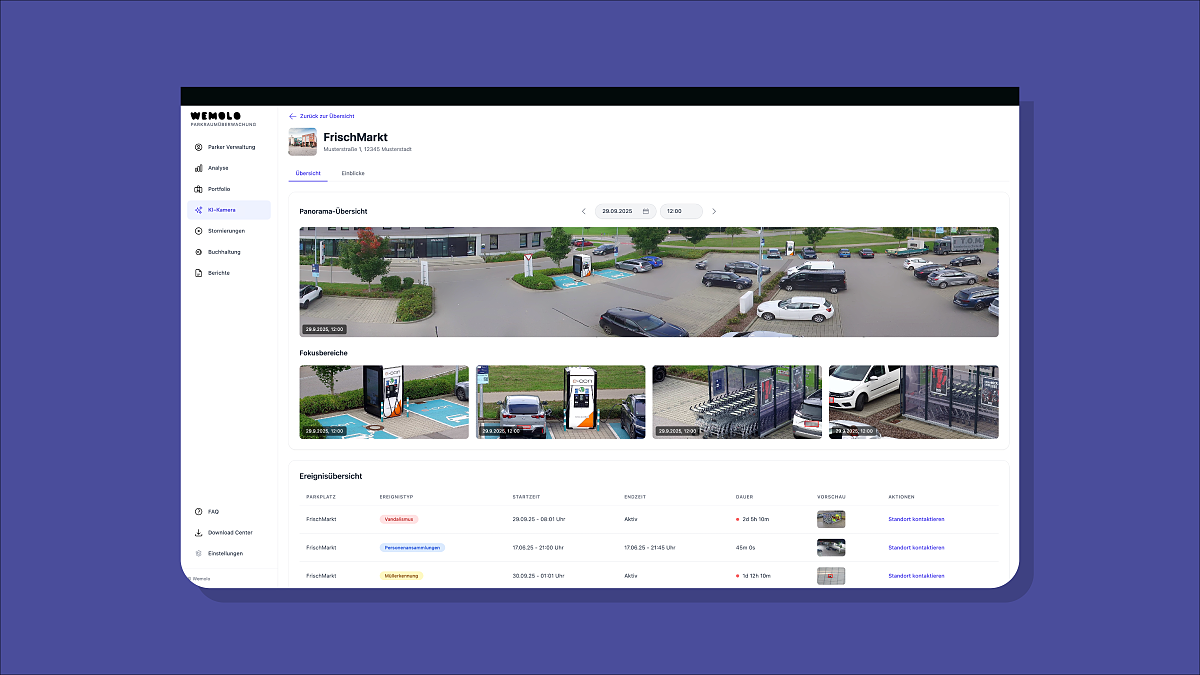 Dashboard-Ansicht der Wemolo-Plattform für KI-basiertes Flächenmonitoring: Echtzeit-Überwachung von Parkflächen und Ereignissen wie Müll, Vandalismus oder Schnee.