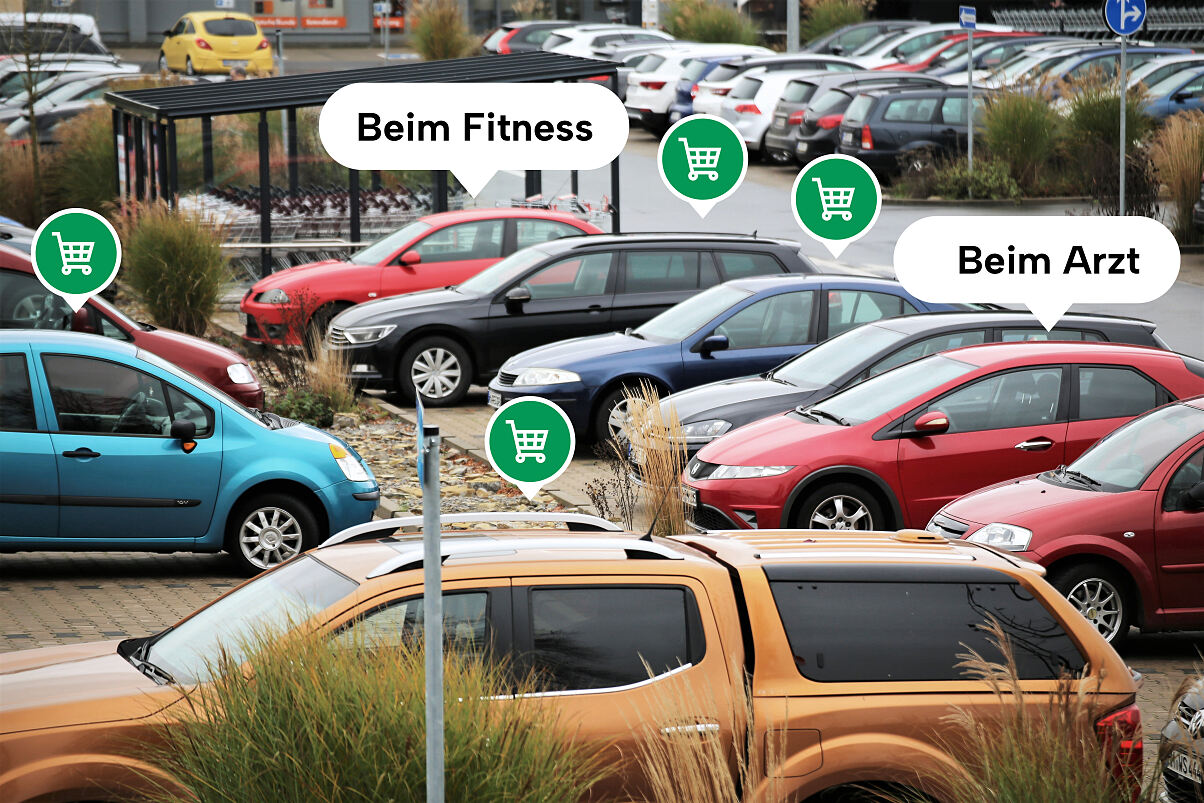 Digital erfasste Parkflächen mit Nutzungskennzeichnung – zeigt verschiedene Nutzergruppen an einem klassischen Mixed-Use-Standort.
