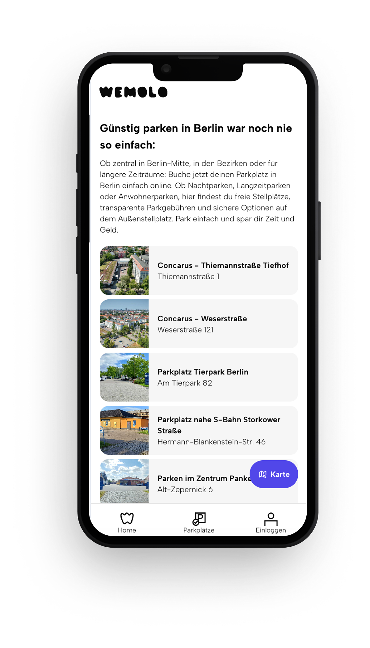 Per App zum Anwohnerparkplatz: Über die Web-Anwendung go.wemolo.com können Berliner freie Supermarktstellplätze in ihrer Nähe finden, buchen und direkt bezahlen – wahlweise tageweise, wöchentlich oder im Monats-Abo.