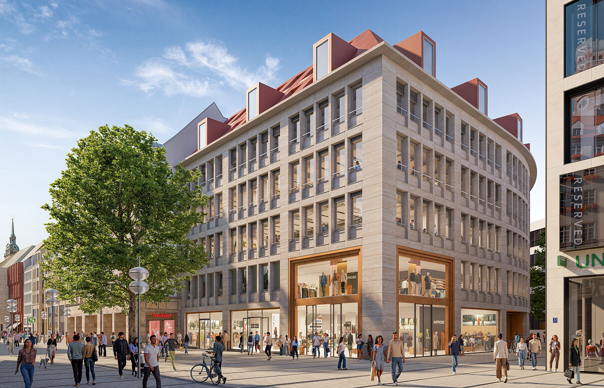 Visualisierung der bekannten Eck-Situation des Projekts AIM an der Münchner Kaufingerstraße  Fürstenfelder Straße – dem Eingang ins Hackenviertel. Hier entsteht einer der neuen Flagship-Stores im ehemaligen C&A-Gebäude.