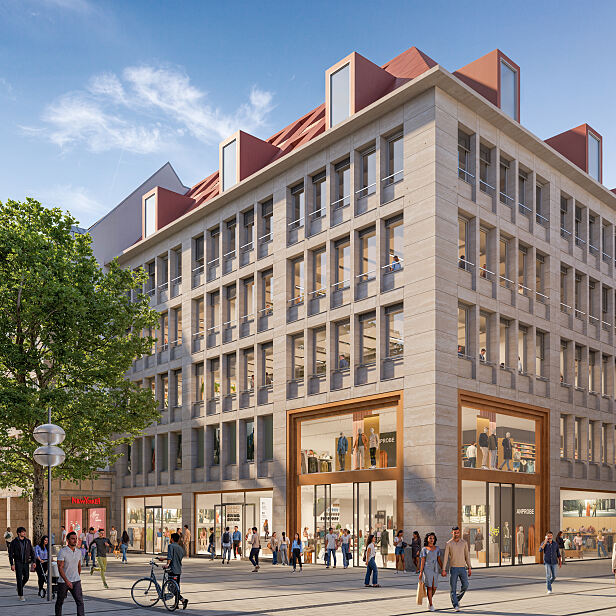 Visualisierung der bekannten Eck-Situation des Projekts AIM an der Münchner Kaufingerstraße  Fürstenfelder Straße – dem Eingang ins Hackenviertel. Hier entsteht einer der neuen Flagship-Stores im ehemaligen C&A-Gebäude.