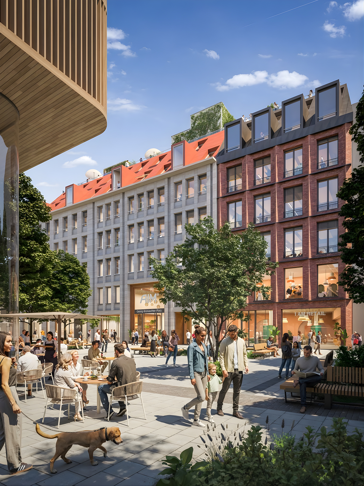 Visualisierung des künftigen Stadtraums am Georg-Kronawitter-Platz mit Erdgeschoss-Nutzungen und Aufenthaltsflächen.