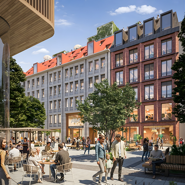 Visualisierung des künftigen Stadtraums am Georg-Kronawitter-Platz mit Erdgeschoss-Nutzungen und Aufenthaltsflächen.