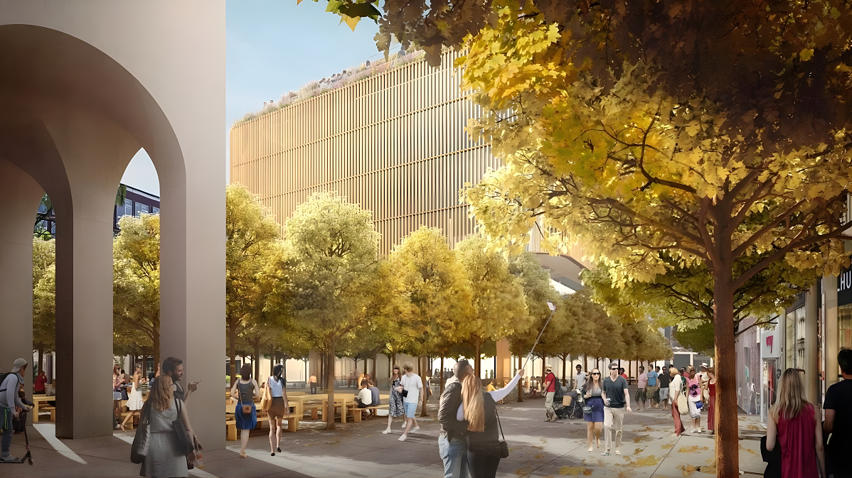 Durchwegung und öffentlicher Raum am Georg-Kronawitter-Platz: Blick durch die künftige Platzsequenz mit Erdgeschossnutzungen.