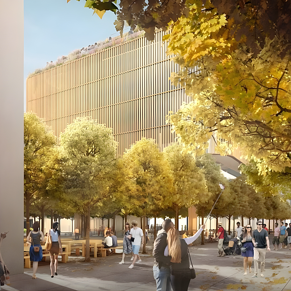 Durchwegung und öffentlicher Raum am Georg-Kronawitter-Platz: Blick durch die künftige Platzsequenz mit Erdgeschossnutzungen.