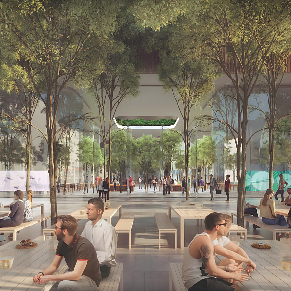 Georg-Kronawitter-Platz: Perspektive auf den künftigen Platz mit den geplanten Neubauten gemäß Masterplan von Foster + Partners.